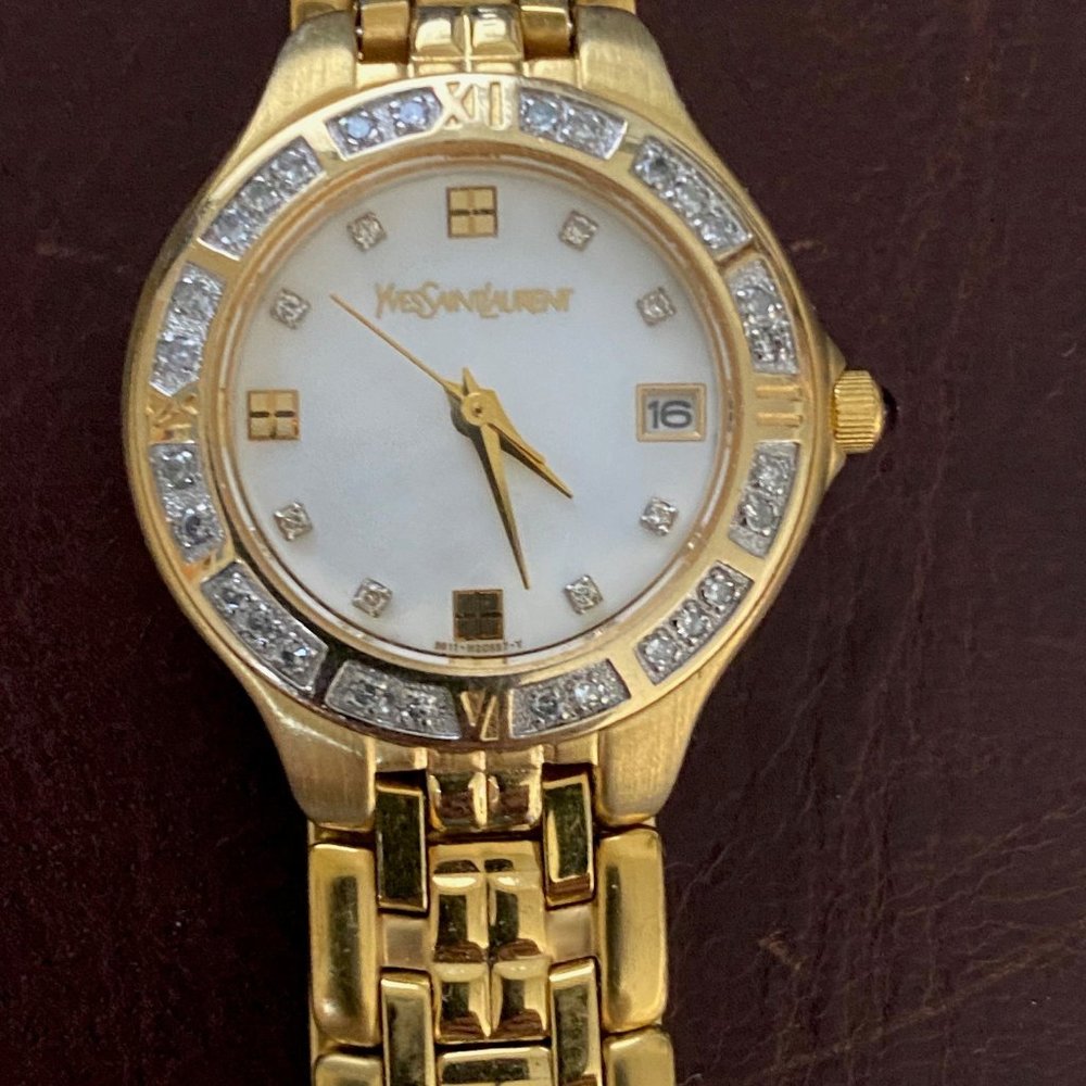 Yves Saint Laurent YSL Diamond Bezel Gold Plated Mother of Pearl ladies watch